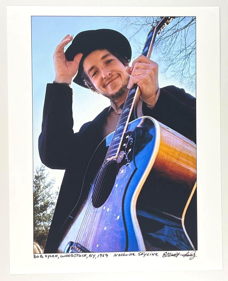Bob Dylan: Elliot Landy "Nashville Skyline" 16" x 20" Woodstock NY 1969 Archival Print: Fantastic archival pigment print, 16" x 20," of an image taken by Elliott Landry of Bob Dylan at his Byrdcliffe Home in Woodstock NY. Titled and signed at the bottom edge by the artist, in black