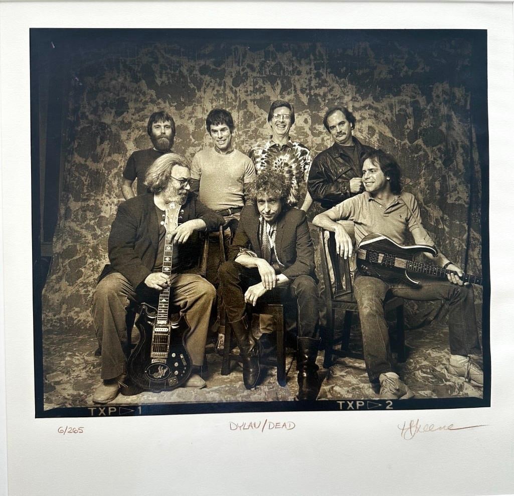 Bob Dylan & Grateful Dead Sessions Limited Edition Print Signed by Photographer Herb Greene: Historic black and white print of the "Dylan and Dead Sessions," limited edition (6/265) measuring 21" x 20," the photo pictures Bob Dylan and all five members of The Grateful Dead. Signed at lower ri