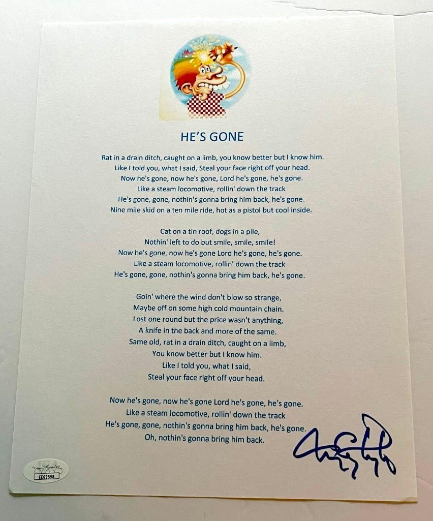 Grateful Dead: Tom Constanten Signed "He's Gone” Typed Lyrics (JSA Authentication): Typed lyrics to “Sugar Magnolia” signed by Grateful Dead Hall of Fame member Tom Constanten. In very good condition, with some scattered wear. Accompanied by JSA Authenticat