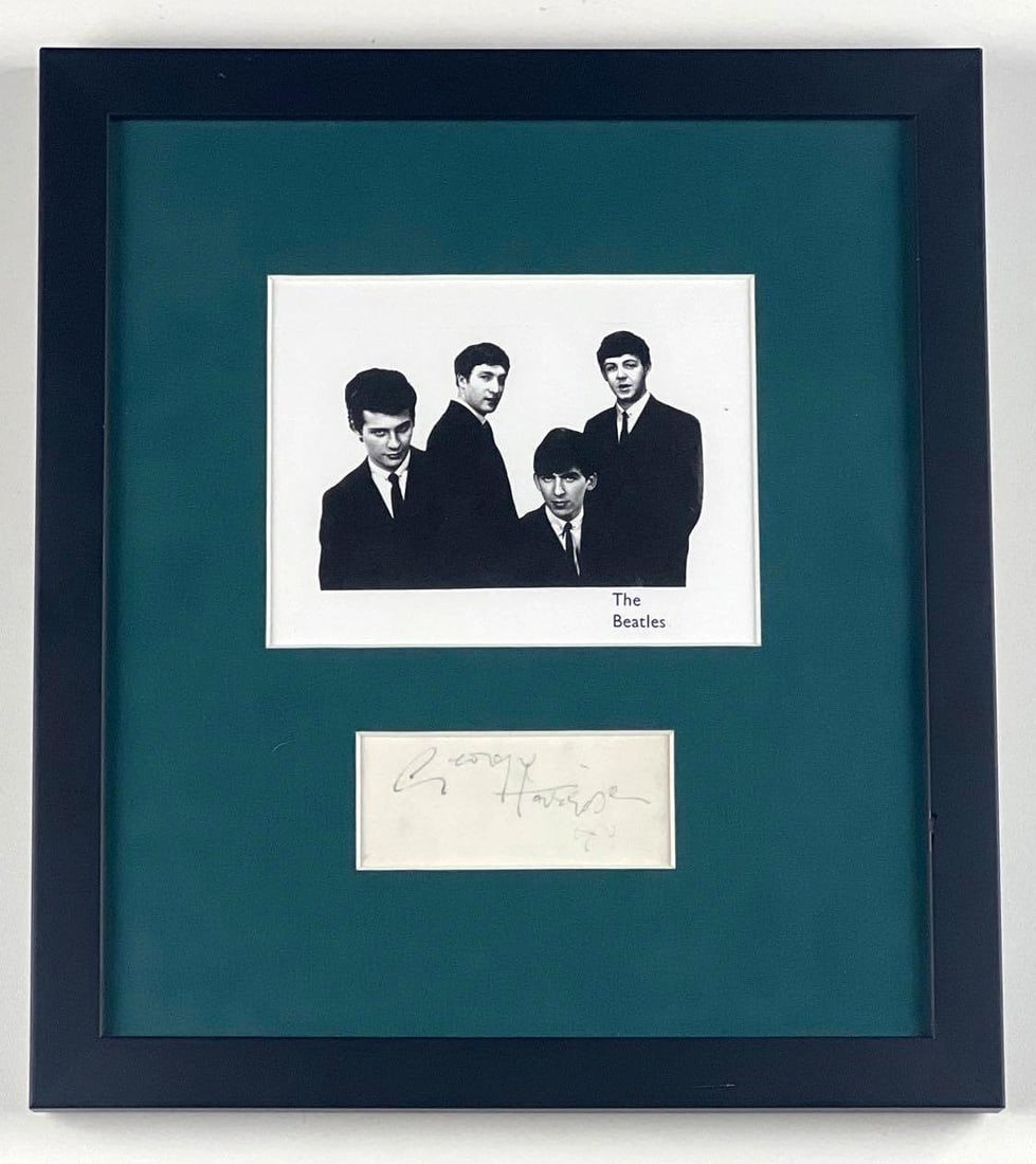 Beatles: George Harrison Early 1962 Photo Signed on Reverse and Framed (Perry Cox LOA): Early circa 1962 George Harrison autograph, sig...