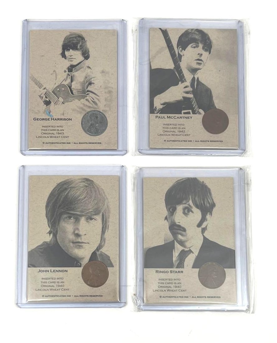 Beatles Collectible Cards Set of (4) Featuring Original 1940s Lincoln Wheat Cents (1 of 6)