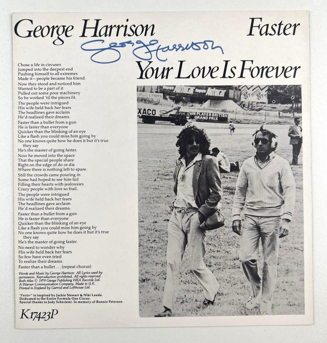 Beatles: George Harrison Signed "Faster/Your Love Is Forever" 45 RPM (Third Party Guaranteed): This impressive 7” x 7.25” signed insert from G...