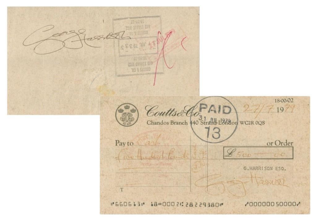 George Harrison 1979 Double Signed Initialled And Filled Out Coutts & Co London Cheque (Tracks COA): A Coutts & Co. check from London, England, comp...