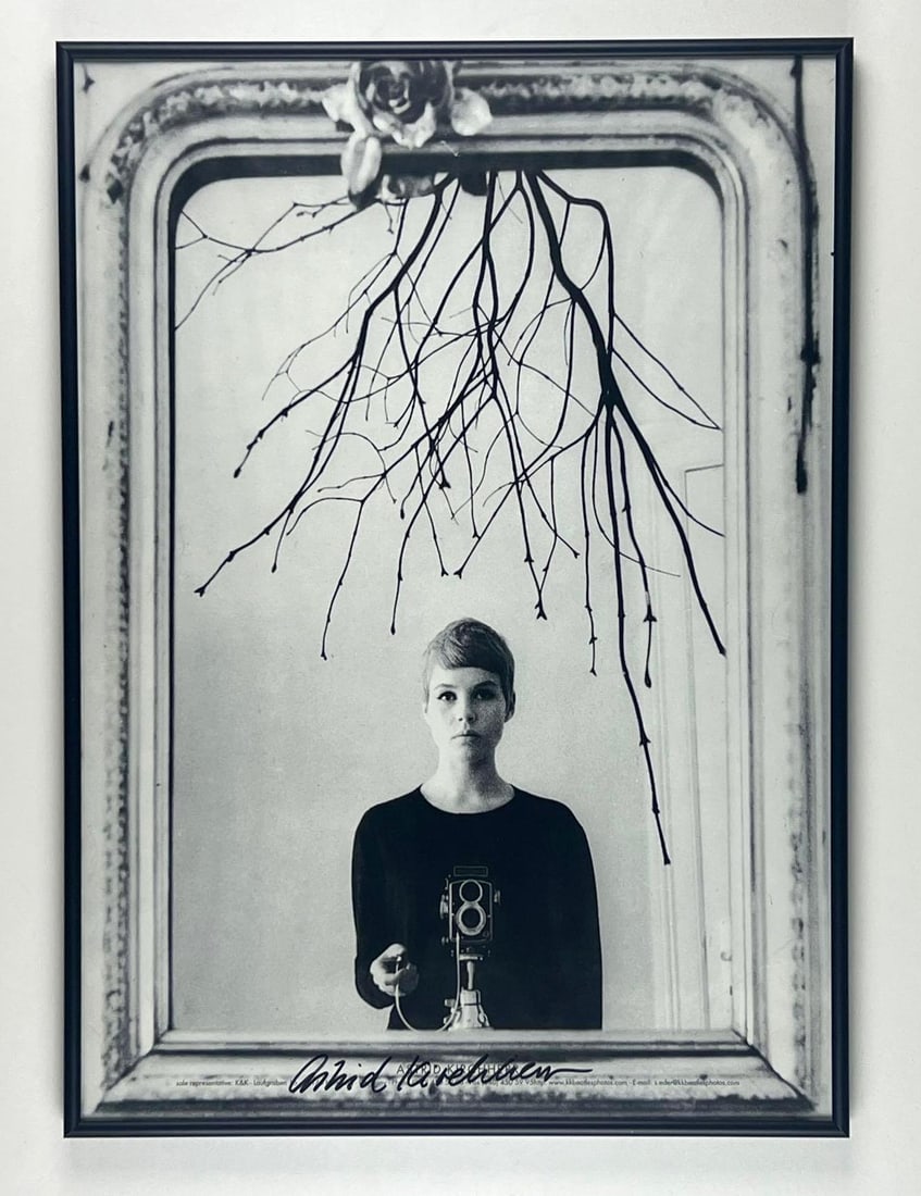 Beatles: Astrid Kirchherr Signed Poster Framed (Third Party Guaranteed): Black and white poster of Astrid Kirchherr, sig...