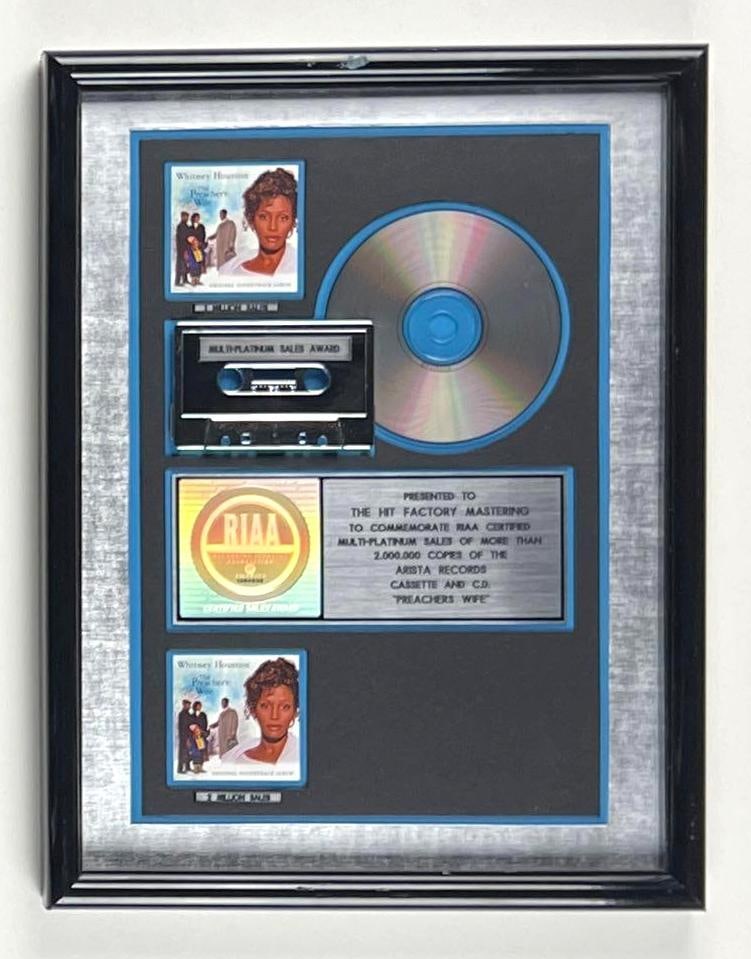 Whitney Houston "The Preacher's Wife" RIAA Multi-Platinum Sales Award Presented to The Hit Factory: This is an RIAA Certified Multi-Platinum Sales Award presented to The Hit Factory Mastering to commemorate the sale of more than 2,000,000 copies of the Arista Records cassette and CD "The Preacher's