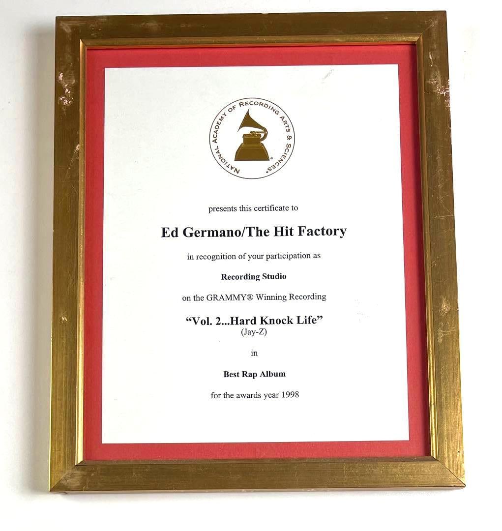 Jay-Z "Vol. 2... Hard Knock Life" Grammy Award Certificate Recognizing The Hit Factory's Role (1 of 1)