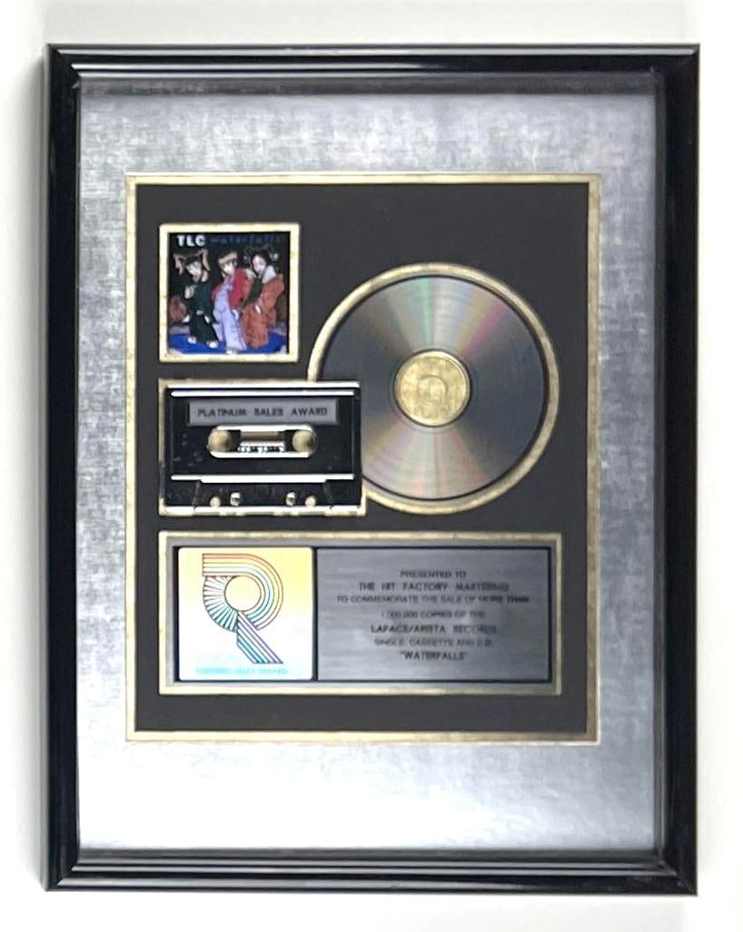 TLC "Waterfalls" RIAA Platinum Sales Award Presented to The Hit Factory Mastering: This is an RIAA Certified Platinum Sales Award presented to The Hit Factory Mastering to commemorate the sale of more than 1,000,000 copies of the LaFace/Arista Records single, cassette, and CD "Water