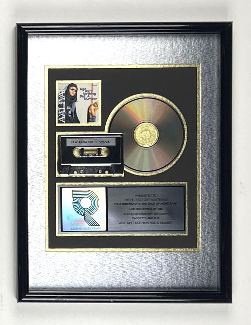 Aaliyah “Age Ain’t Nothing But a Number” RIAA Platinum Album Award to The Hit Fact: This is an RIAA Certified Platinum Sales Award presented to The Hit Factory Mastering to commemorate the sale of more than 1,000,000 copies of the Blackground/Jive Records album, cassette, and CD 