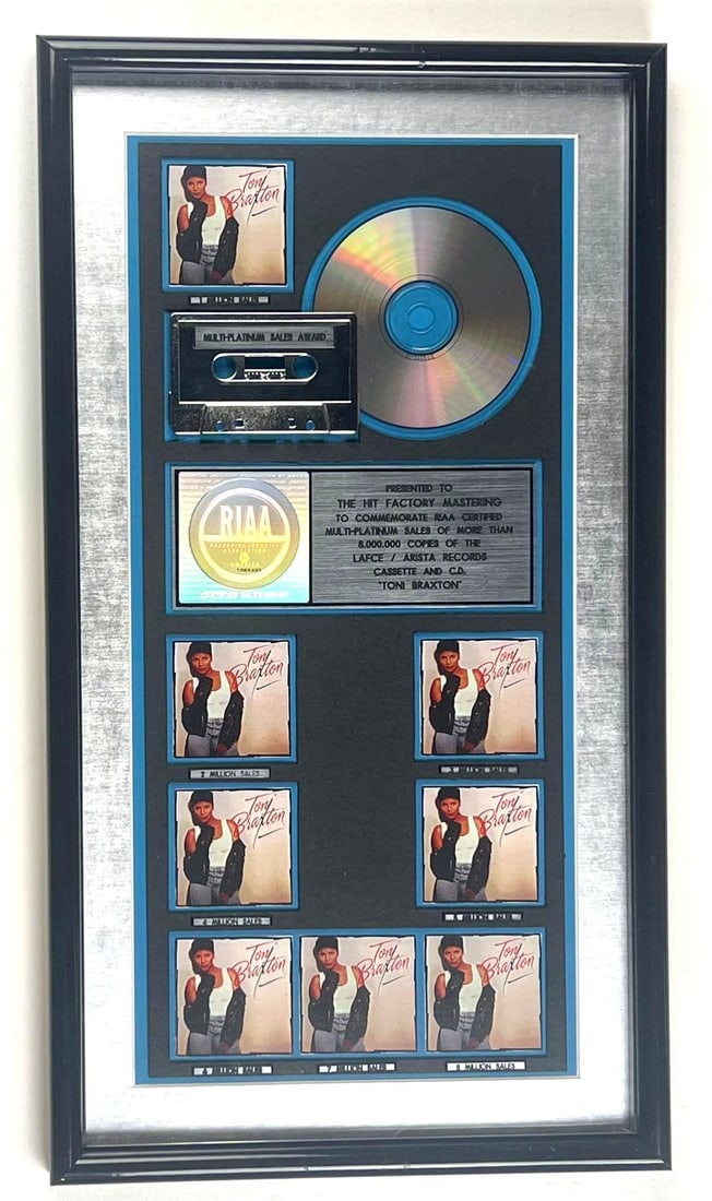 Toni Braxton "Toni Braxton" RIAA Multi-Platinum Album Sales Award Presented to The Hit Factory: This is an RIAA Certified Multi-Platinum Sales Award presented to The Hit Factory Mastering to commemorate the sale of more than 8,000,000 copies of the LaFace/Arista Records cassette and CD "Toni Bra