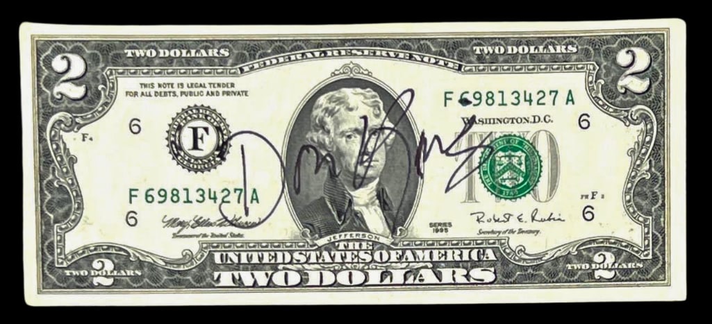 Don King In-Person Signed Uncirculated Two-Dollar Bill (JSA): Uncirculated U.S. two-dollar bill signed in black ink by legendary boxing promoter Don King. In fine condition, measuring 6.25" x 2.75". A rare and unique collectible featuring the signature of the fl