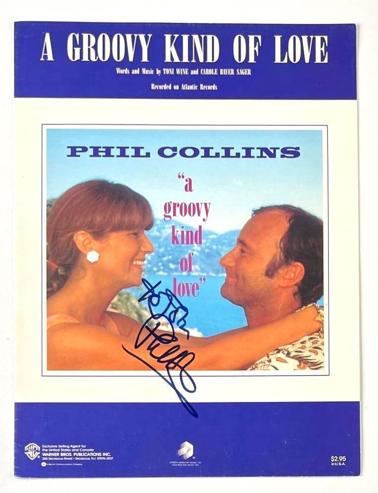 Genesis: Phil Collins Signed "A Groovy Kind of Love" Sheet Music (Beckett/BAS Authentication): Original A Groovy Kind of Love sheet music, signed and inscribed "To John" on the cover in black felt tip marker by Phil Collins. In fine condition, measuring 9" x 12". This classic bal