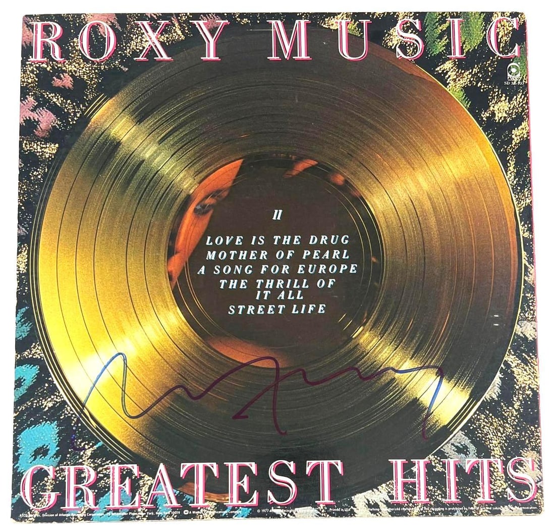 Roxy Music: Bryan Ferry In-Person Signed "Greatest Hits" Album (BAS): "Greatest Hits" album signed in blue felt tip marker by Roxy Music's Bryan Ferry. Released in 1977, this compilation captures the band's iconic glam rock and art-pop sound, featuring hits like "Love I