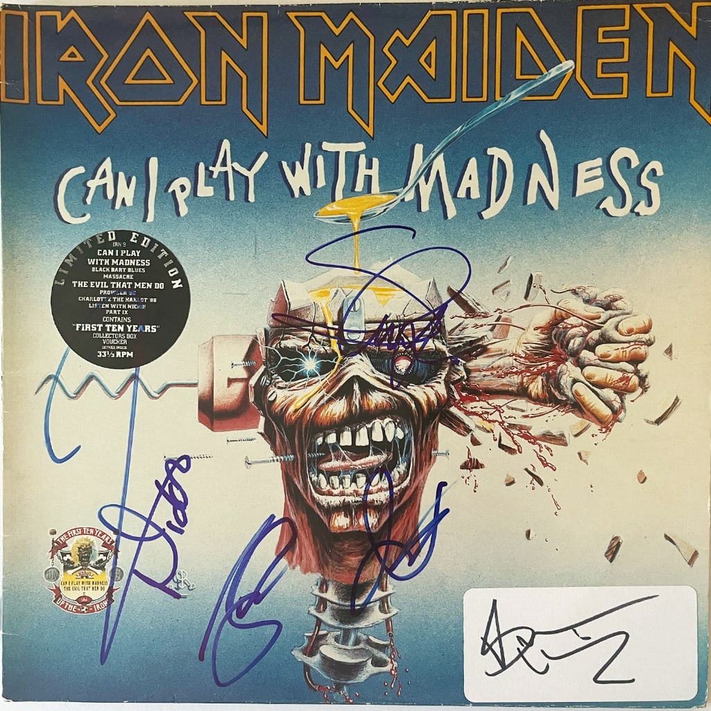 Iron Maiden Fully Group Signed "Can I Play With Madness" Album Cover (5 Sigs) (TPG): Iron Maiden's "Can I Play With Madness"signed on the coverin blue and black felt tip markers by all five band members: vocalist Bruce Dickinson, bassist Steve Harris, guitarist Dave Murray, guitarist