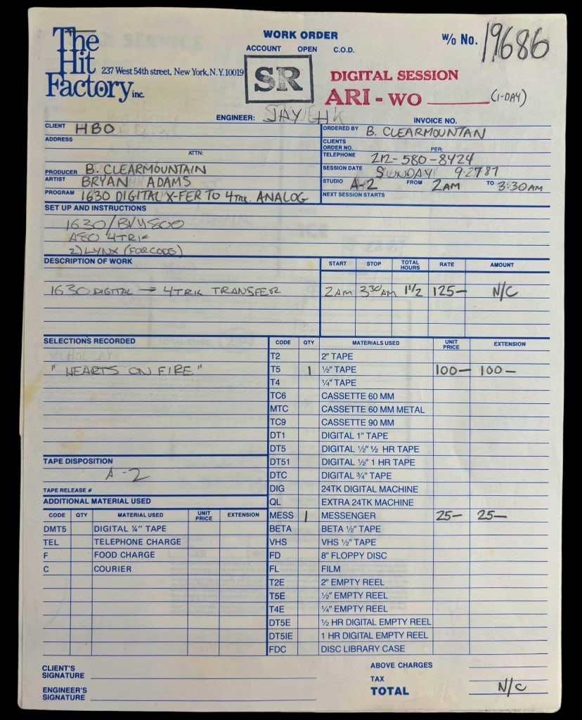 Bryan Adams & Bob Clearmountain Hit Factory Recording Archive of Original Studio Documents (1 of 3)