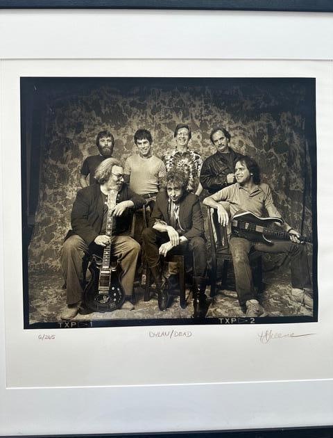 Bob Dylan & Grateful Dead Sessions Limited Edition Print Signed by Photographer Herb Greene: Historic black and white print of the "Dylan and Dead Sessions," limited edition (6/265) measuring 21" x 20," the photo pictures Bob Dylan and all five members of The Grateful Dead. Signed at lower ri