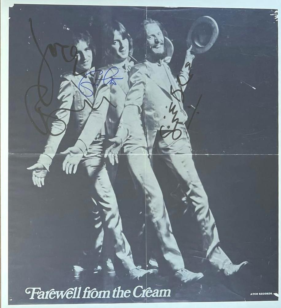 Cream Fully Group In-Person Signed "Farewell from the Cream" Poster (3 Sigs) (Beckett/BAS): Black and white fold-out poster from ATCO Records signed in black and blue felt tip marker by all three members of Cream: Eric Clapton, Jack Bruce, and Ginger Baker. Originally issued inside the band&
