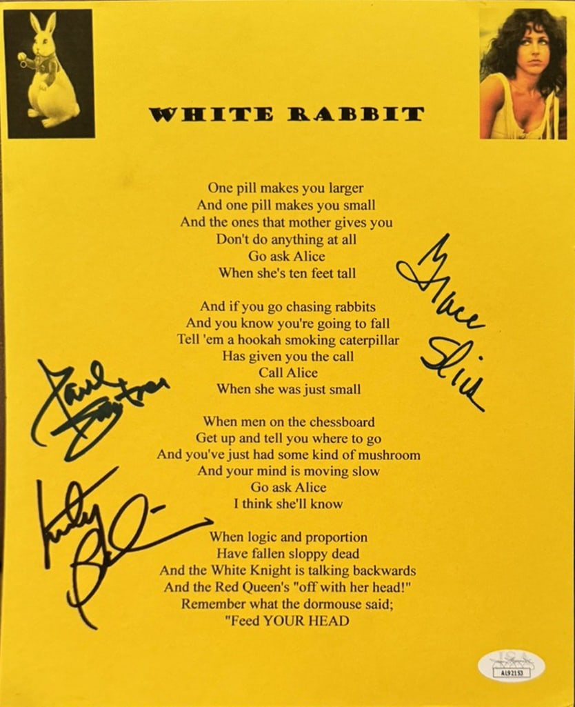 Jefferson Airplane Group Signed "White Rabbit" Lyric Sheet (3 Sigs) (JSA Authentication) (1 of 2)