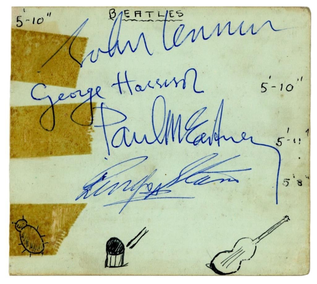 The Beatles Fully Signed Autograph Album Page (1963/1964 UK) (4 Sigs) (Tracks COA): Autograph album page signed in blue ballpoint pen by all four members of The Beatles: John Lennon, Paul McCartney, George Harrison, and Ringo Starr. The signatures date to 1963/1964 and were obtained