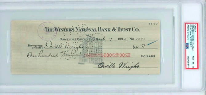 Orville Wright Twice-Signed Check Autograph Graded PSA NM-MT 8 (Encapsulated & Certified): Exceptional check twice signed by aviation pioneer Orville Wright (1871–1947)—once on the signature line at lower right, and again on the reverse as the endorsed payee. Dated March 9, 1935