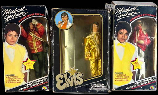 Michael Jackson & Elvis Presley Doll Lot (3) in Original Boxes (Hit Factory Collection): Group of three fully poseable vintage dolls from the 1980s, including two Michael Jackson &#8220;Superstar of the 80s&#8221; dolls in original boxes with stage outfits, microphone, and signature glitt