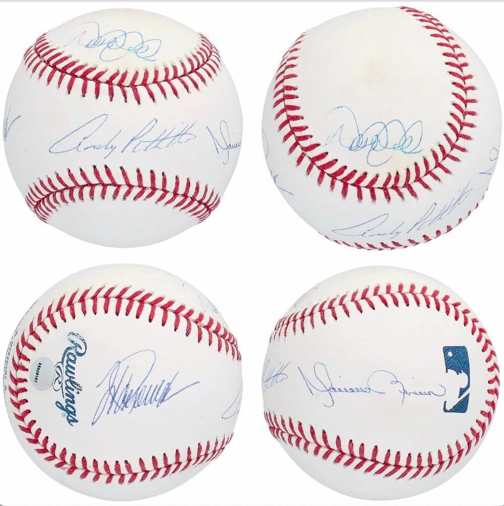 NY Yankees Core Four Jeter, Rivera, Posada, Pettitte signed Official Major League Baseball with Stei: NY Yankees Core Four members Derek Jeter, Mariano Rivera, Jorge Posada and Andy Pettitte have all signed this Rawlings Official Major League (Selig) baseball. In fine condition and measuring approxima