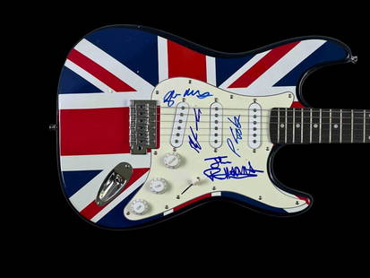 Sex Pistols Fully Group Signed Union Jack Fender-Style Guitar (4 Sigs) (Third Party Guaranteed): Custom Union Jack-themed Fender-style electric guitar, boldly signed on the pickguard in blue felt tip marker by all four original members of the Sex Pistols: Johnny Rotten (John Lydon), Steve Jones,