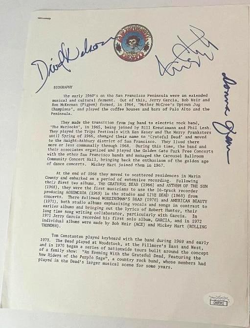 Grateful Dead Group Signed "Band Biography" Page (3 Sigs) (JSA Authentication) (1 of 2)