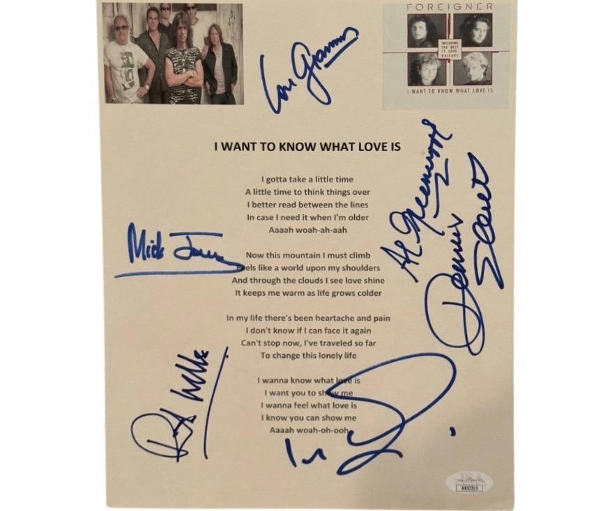 Foreigner Group Signed “I Want to Know What Love Is” Lyric Sheet (6 Sigs) (JSA Authentic: Foreigner lyric sheet for the hit single “I Want to Know What Love Is,” boldly signed by six original band members: Lou Gramm, Mick Jones, Rick Wills, Ian McDonald, Al Greenwood, and Denni