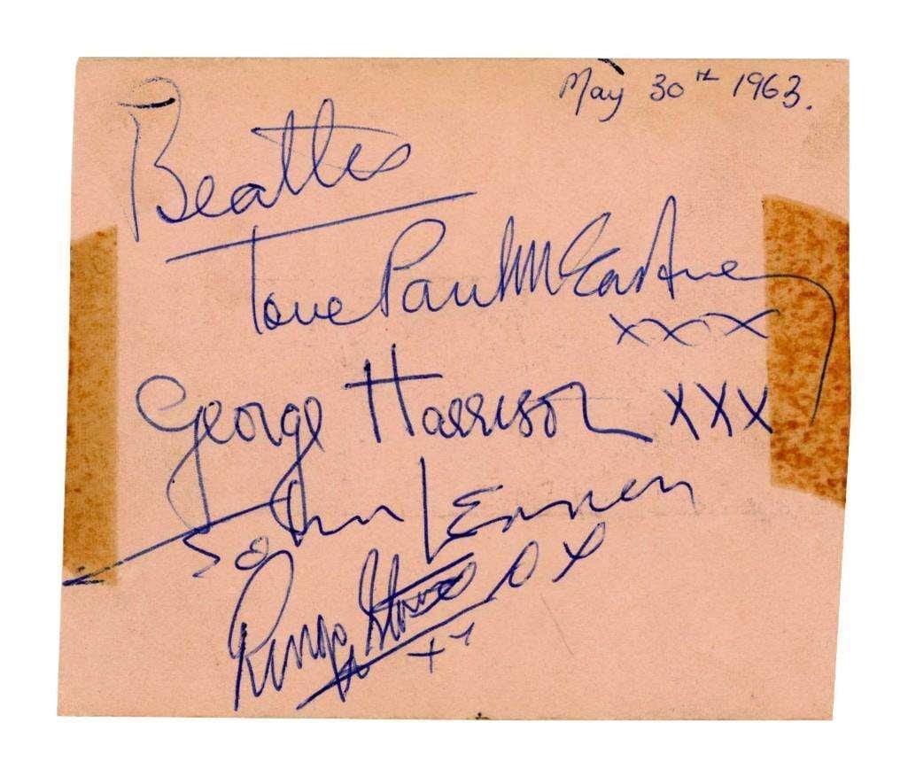 Beatles 1963 Paul McCartney, John Lennon, George Harrison, Ringo Starr Fully Signed Page (Tracks): Desirable and well-presented light peach-colored page from an autograph album, beautifully signed in blue ballpoint pen by all four members of The Beatles: Paul McCartney, George Harrison, John Lennon