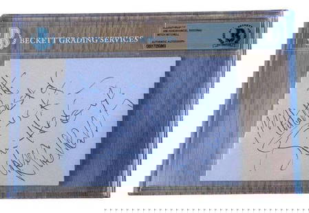 Jimi Hendrix Experience Fully Signed Album Page (3 Sigs) (Beckett/BAS Encapsulated): Impeccable album page boldly signed by all three members of the Jimi Hendrix Experience: Jimi Hendrix, Noel Redding, and Mitch Mitchell. Hendrix adds a personal note, &#8220;The Best of Luck,&#8221; a