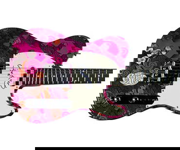 The Byrds: Roger McGuinn Signed Themed Electric Guitar (JSA Authentication): Custom-designed electric guitar featuring psychedelic artwork inspired by The Byrds, signed on the pickguard in blue felt tip marker by founding member Roger McGuinn. Measuring approximately 13&#8221;