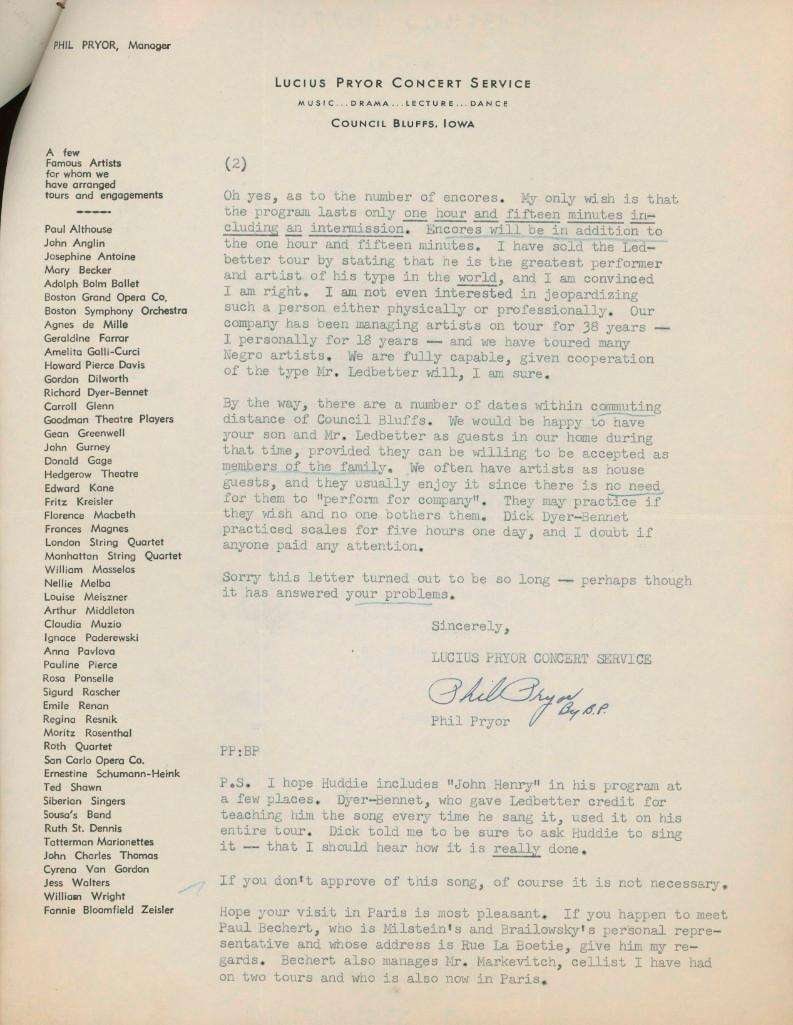 Huddie “Lead Belly” Ledbetter (1949) Two-Page Concert Tour Letter Referencing Segregatio (1 of 2)