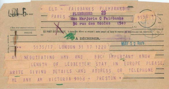 Huddie 'Lead Belly' Ledbetter 1949 Telegram Referencing BBC and HMV Recording Negotiations in Europe: Typed 4.25" x 7.75" vintage telegram sent to Mme. Marjorie Fairbanks in Paris, dated May 10, 1949, with visible postal stamps and communication from a representative referencing Huddie “Lead Bel
