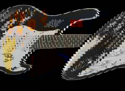 AC/DC: Angus Young Signed Electric Guitar Custom "Back in Black" Designed (Beckett/BAS): Custom AC/DC-themed electric stratocaster-style guitar featuring artwork inspired by the band&#8217;s legendary "Back in Black"&#160;era, signed on the pickguard in blue felt tip marker by lead guitar