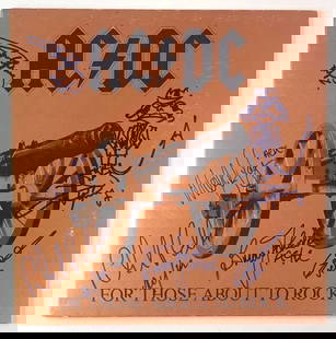 AC/DC Fully Signed "For Those About to Rock" Album Cover with Angus Young Sketch (JSA LOA): Incredibly rare and visually striking album cover for AC/DC’s 1981 hard rock anthem "For Those About to Rock," boldly signed by six classic-era band members: Angus Young (twice), Brian Johnson,