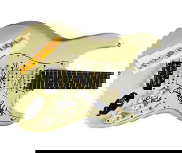 Sex Pistols Fully Group In-Person Signed White Fender-Style Guitar (4 Sigs) (JSA): Crisp white stratocaster-style&#160;electric guitar signed on the pickguard in bold blue felt tip marker by four members of the legendary punk band the Sex Pistols. Signatures include John Lydon (aka