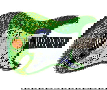 Alice Cooper Group Signed “Billion Dollar Babies” Themed Guitar (4 Sigs) (JSA Authentica: Custom-designed Stratocaster-Style electric guitar themed after "Billion Dollar Babies", signed on the white pickguard in blue fiber-tip marker by four Alice Cooper Group members: Alice Cooper, Dennis