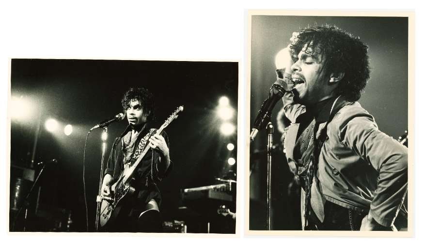 Prince Vintage Original 8" x 10" Barry Plummer Photographs (Lot of 2): Pair of original vintage black-and-white photographs of Prince, measuring 10" x 8" and 8" x 10", each captured live on stage during electrifying performance moments. Both are original gelatin silver p