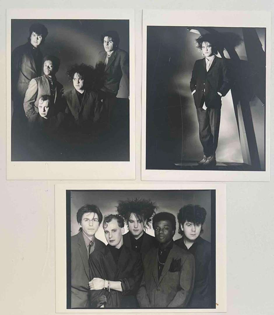 The Cure Group of (3) Vintage Original Studio Photographs (London Features International Ltd.): Three vintage original Type 1 glossy studio photographs of English rock band The Cure, including two group portraits and one solo image of frontman Robert Smith. One measures approximately 8" x 10, th