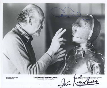 Star Wars: Anthony Daniels "C-3PO" & Irvin Kershner Signed 8" x 10" Photo (2 Sigs) (BAS): Black and white 8" x 10" promotional photo from "Star Wars: The Empire Strikes Back," featuring director Irvin Kershner and C-3PO, signed in black felt tip marker by Irvin Kershner and in blue felt ti