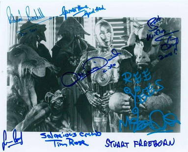 Star Wars "Return of the Jedi" 8" x 10" Jabba the Hutt Multi-Signed Photo (Third Party Guaranteed): Unique 8" x 10" black and white photo from Star Wars: Return of the Jedi, showing C-3PO surrounded by Jabba the Hutt&#8217;s bizarre court of creatures, including Ree-Yees, Salacious Crumb, and other