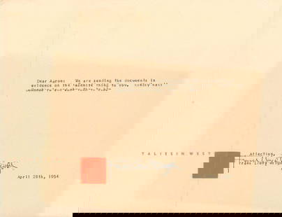 Frank Lloyd Wright 1954 Signed Letter on Taliesin West Letterhead: Typed letter signed by legendary architect Frank Lloyd Wright in bold blue ballpoint pen. Dated April 28, 1954, and measuring approximately 8.5" x 11", the letter is typed on elegant Taliesin West let