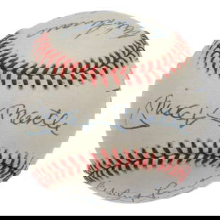 NY Yankees HOF & All-Stars Mickey Mantle, Whitey Ford, Ect. Multi-Signed Baseball (8 Sigs)(JSA): Official American League (Bobby Brown) baseball signed by eight legendary New York Yankees, including Hall of Famers Mickey Mantle, Whitey Ford, and Enos Slaughter. Additional signers include Ralph Ho