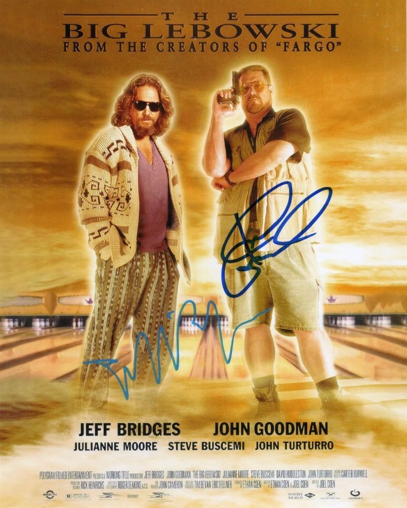 Jeff Bridges & John Goodman Signed "The Big Lebowski" 10" x 8" Photo (2 Sigs): "The Big Lebowski" color 10" x 8" photo signed in blue felt tip marker by actors Jeff Bridges and John Goodman, obtained in-person. In fine condition. Provenance Eaton & Brennan Auctions guarantees th