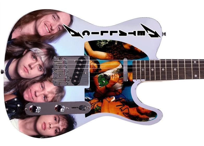 Metallica Hetfield & Hammett Telecaster-Style Guitar w/ Custom-Made Signed Pickguard (2 Sigs) (REAL): Metallica graphics Telecaster-style guitar signed on the custom-made pickguard in black felt tip marker by Metallica bandmembers James Hetfield and Kirk Hammett. Measuring 41” x 17” x 3