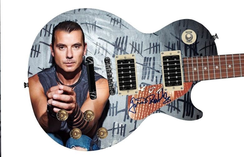 Bush: Gavin Rossdale Graphics Epiphone Les Paul Guitar w/ Custom-Made Signed Pickguard (REAL): Gavin Rossdale graphics Epiphone Les Paul-style 100 guitar signed on the custom-made pickguard in blue felt tip marker by Bush guitarist Gavin Rossdale. Measuring 41” x 17” x 3” and