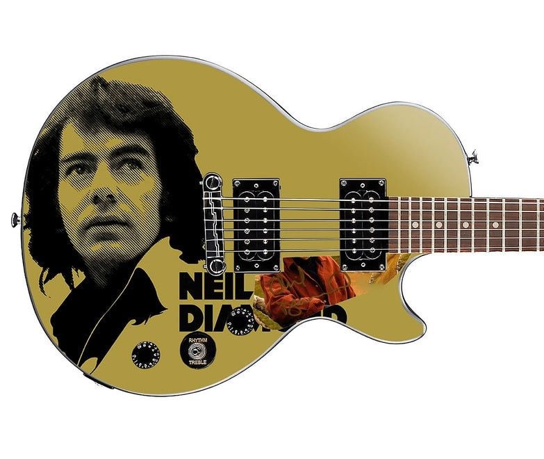 Neil Diamond Graphics Epiphone Les Paul-Style Guitar w/ Custom-Made Signed Pickguard (REAL Auth.): Neil Diamond graphics Epiphone Les Paul-style guitar signed on the custom-made pickguard in gold felt tip marker by musician Neil Diamond. Measuring 41” x 17” x 3” and in fine condit