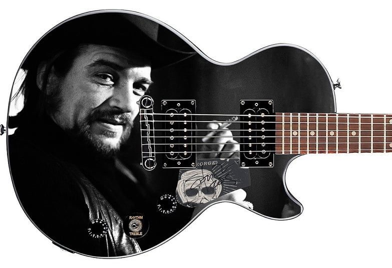 Shooter Jennings Graphics Epiphone Les Paul-Style Guitar w/ Custom-Made Signed Pickguard (REAL Auth): Shooter Jennings graphics Epiphone Les Paul-style guitar signed on the custom-made pickguard in black felt tip marker by musician Shooter Jennings. Measuring 41” x 17” x 3” and in fi