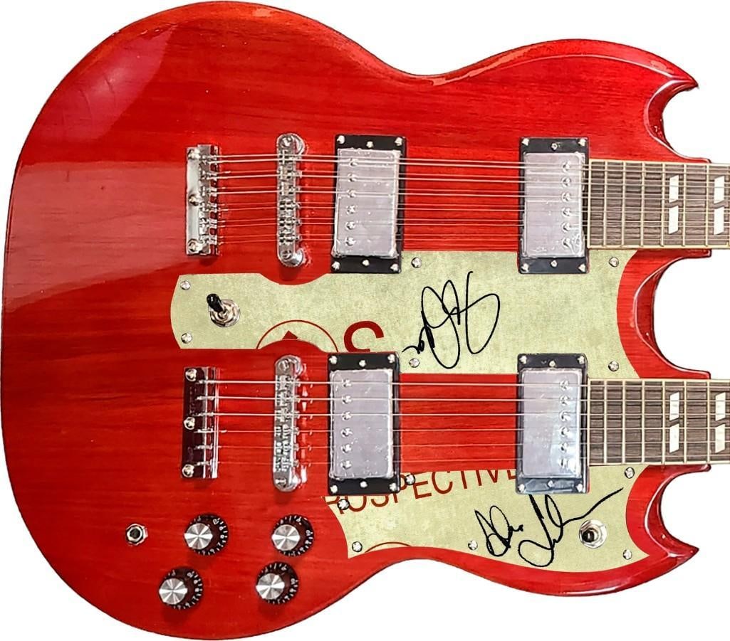 Rush: Geddy Lee & Alex Lifeson Double Neck Gibson-Style Guitar w/ Custom Pickguards (2 Sig) (REAL): Gibson-style 18-string double neck EDS-1275 guitar signed on each custom-made pickguard in black felt tip marker by Rush bandmembers Alex Lifeson and Geddy Lee. Measuring approximately 43” x 17&