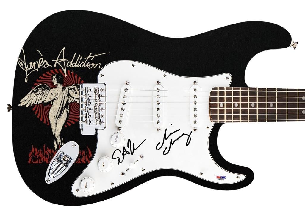 Jane's Addiction Graphics Stratocaster-Style Guitar w/ Custom Signed P-Guard (2 Sigs) (PSADNA Auth.): Jane's Addiction custom graphics Stratocaster-Style guitar signed on the pickguard in black felt tip marker by Jane's Addiction bandmembers Chris Chaney and Stephen Perkins. Measuring 39" x 12.75